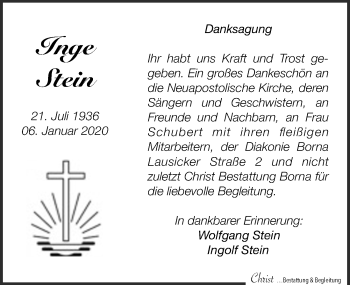 Traueranzeige von Inge Stein von Leipziger Volkszeitung