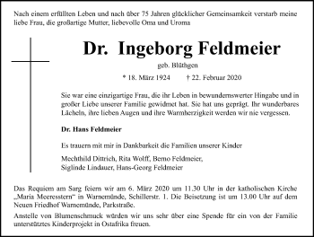 Traueranzeige von Ingeborg Feldmeier von Ostsee-Zeitung GmbH