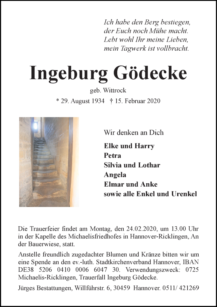  Traueranzeige für Ingeburg Gödecke vom 22.02.2020 aus Hannoversche Allgemeine Zeitung/Neue Presse