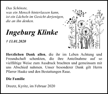 Traueranzeige von Ingeburg Klinke