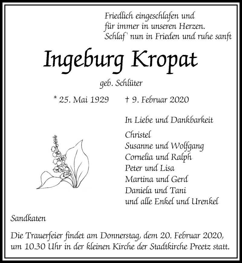  Traueranzeige für Ingeburg Kropat vom 15.02.2020 aus Kieler Nachrichten