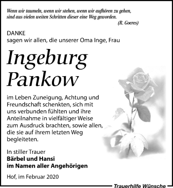 Traueranzeige von Ingeburg Pankow von Leipziger Volkszeitung