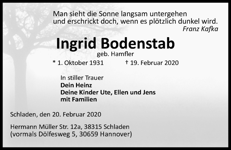  Traueranzeige für Ingrid Bodenstab vom 29.02.2020 aus Hannoversche Allgemeine Zeitung/Neue Presse