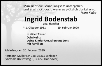 Traueranzeige von Ingrid Bodenstab von Hannoversche Allgemeine Zeitung/Neue Presse
