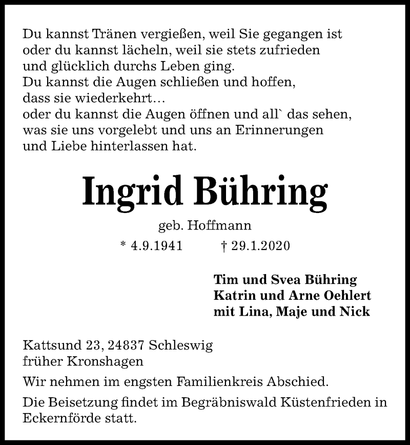  Traueranzeige für Ingrid Bühring vom 08.02.2020 aus Kieler Nachrichten