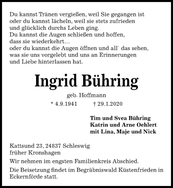 Traueranzeige von Ingrid Bühring von Kieler Nachrichten