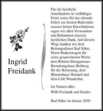 Traueranzeige von Ingrid Freidank von Ostsee-Zeitung GmbH