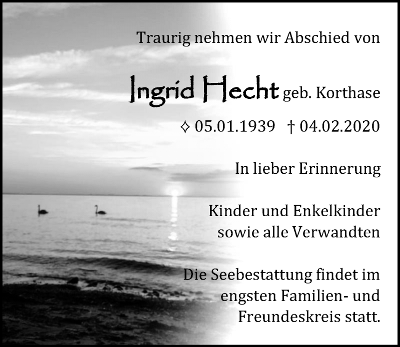  Traueranzeige für Ingrid Hecht vom 15.02.2020 aus Ostsee-Zeitung GmbH