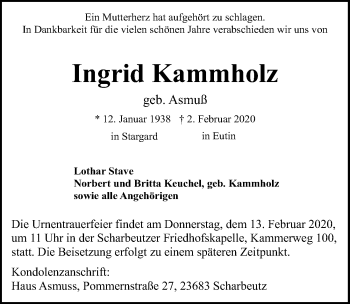 Traueranzeige von Ingrid Kammholz von Lübecker Nachrichten