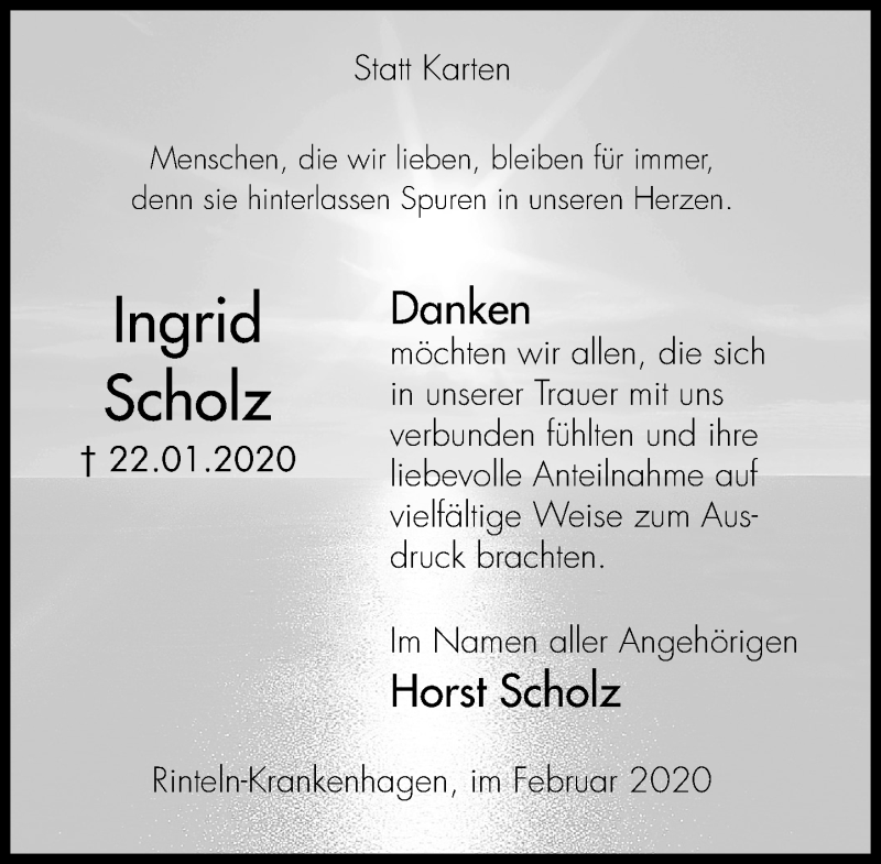  Traueranzeige für Ingrid Scholz vom 22.02.2020 aus Schaumburger Nachrichten