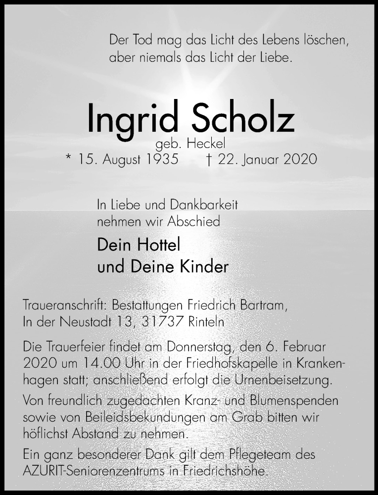  Traueranzeige für Ingrid Scholz vom 01.02.2020 aus Schaumburger Nachrichten
