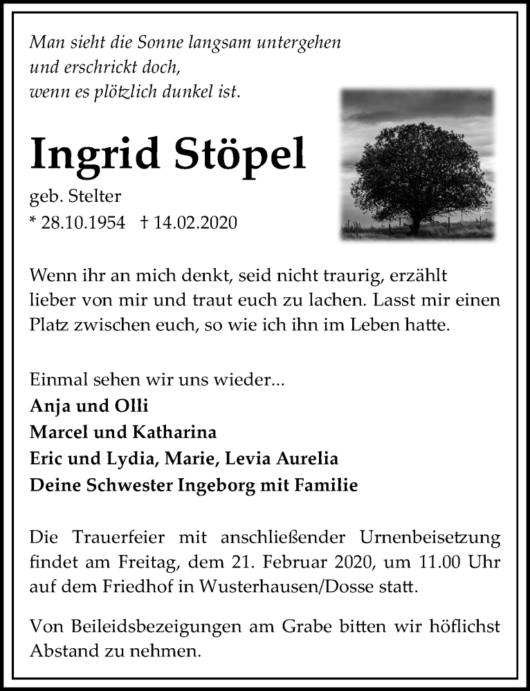  Traueranzeige für Ingrid Stöpel vom 18.02.2020 aus Märkischen Allgemeine Zeitung