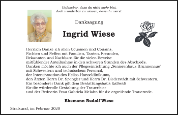 Traueranzeige von Ingrid Wiese von Ostsee-Zeitung GmbH