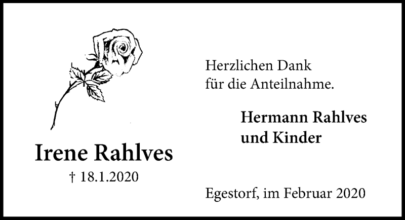  Traueranzeige für Irene Rahlves vom 08.02.2020 aus Hannoversche Allgemeine Zeitung/Neue Presse