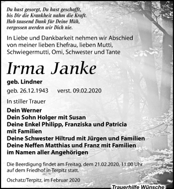 Traueranzeige von Irma Janke von Leipziger Volkszeitung