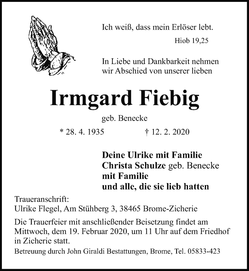  Traueranzeige für Irmgard Fiebig vom 15.02.2020 aus Aller Zeitung