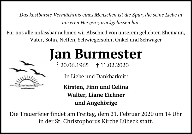 Traueranzeige für Jan Burmester vom 16.02.2020 aus Lübecker Nachrichten