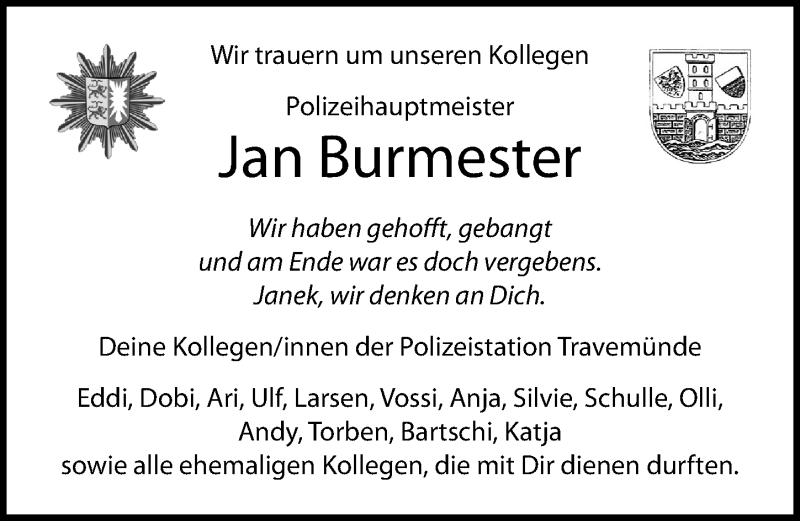  Traueranzeige für Jan Burmester vom 16.02.2020 aus Lübecker Nachrichten