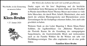 Traueranzeige von Jens Klees-Bruhn von Lübecker Nachrichten