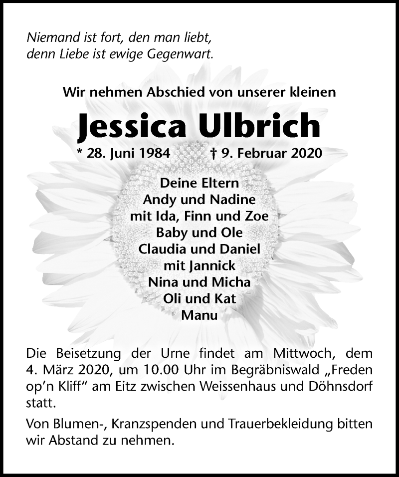  Traueranzeige für Jessica Ulbrich vom 29.02.2020 aus Lübecker Nachrichten