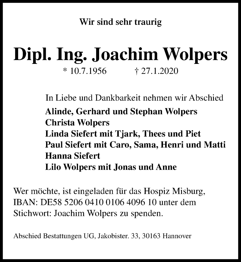  Traueranzeige für Joachim Wolpers vom 01.02.2020 aus Hannoversche Allgemeine Zeitung/Neue Presse