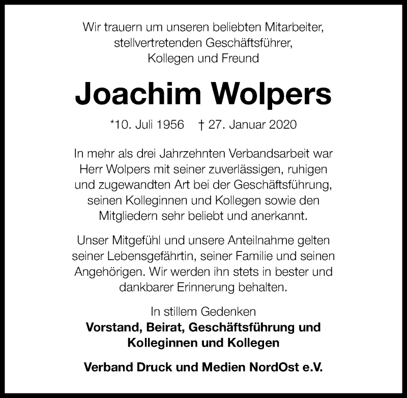  Traueranzeige für Joachim Wolpers vom 01.02.2020 aus Hannoversche Allgemeine Zeitung/Neue Presse