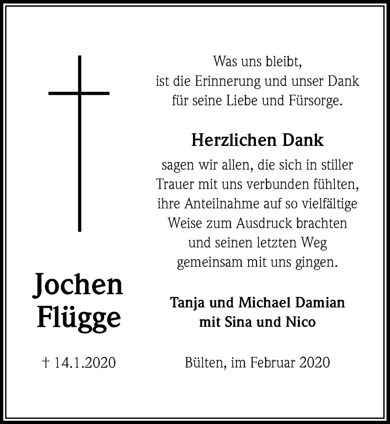  Traueranzeige für Jochen Flügge vom 21.02.2020 aus Peiner Allgemeine Zeitung