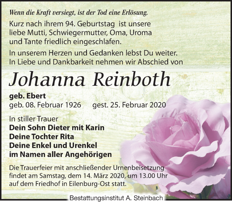  Traueranzeige für Johanna Reinboth vom 29.02.2020 aus Leipziger Volkszeitung