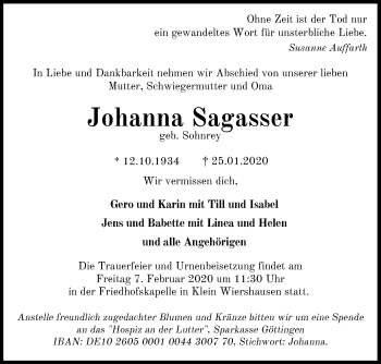 Traueranzeige von Johanna Sagasser von Göttinger Tageblatt