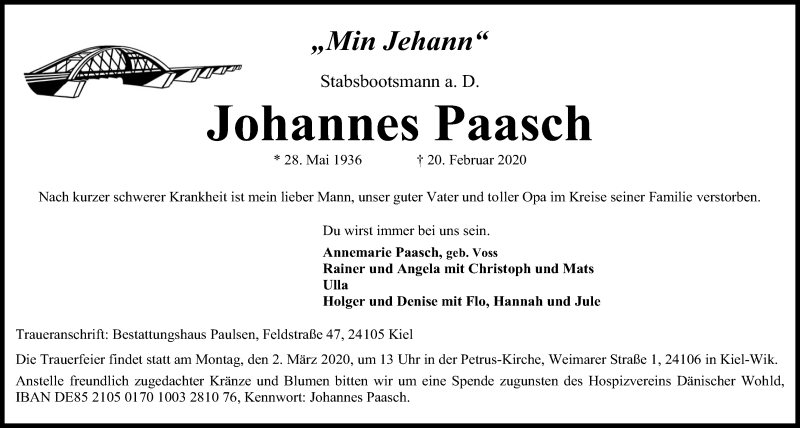  Traueranzeige für Johannes Paasch vom 29.02.2020 aus Kieler Nachrichten