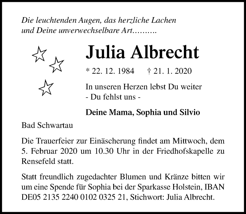  Traueranzeige für Julia Albrecht vom 02.02.2020 aus Lübecker Nachrichten