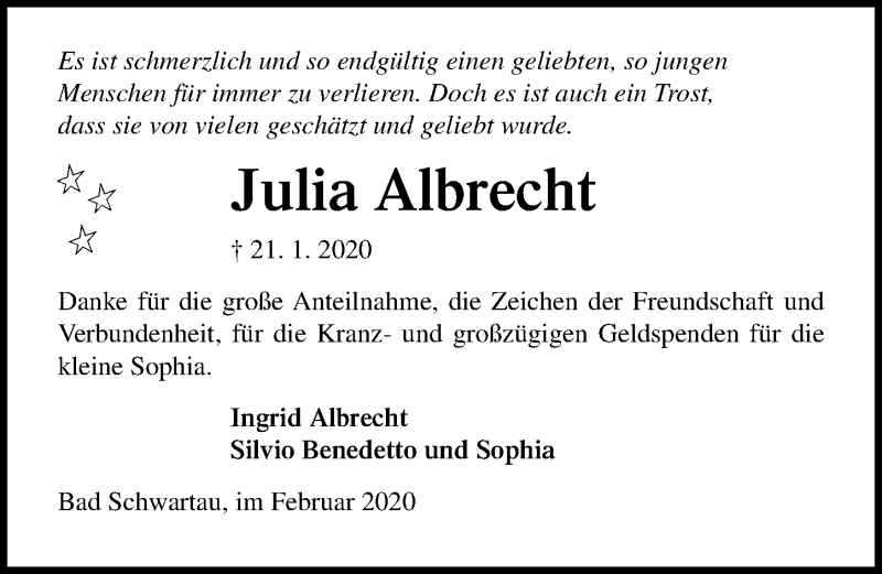  Traueranzeige für Julia Albrecht vom 16.02.2020 aus Lübecker Nachrichten