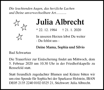 Traueranzeige von Julia Albrecht von Lübecker Nachrichten