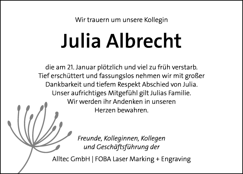  Traueranzeige für Julia Albrecht vom 02.02.2020 aus Lübecker Nachrichten