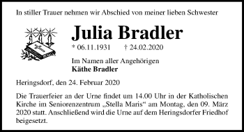 Traueranzeige von Julia Bradler von Ostsee-Zeitung GmbH