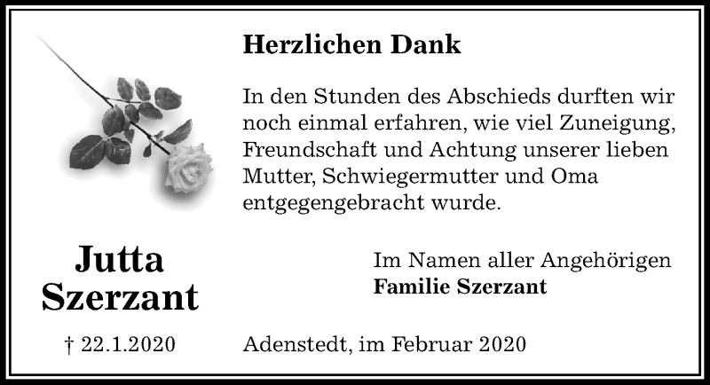  Traueranzeige für Jutta Szerzant vom 15.02.2020 aus Peiner Allgemeine Zeitung