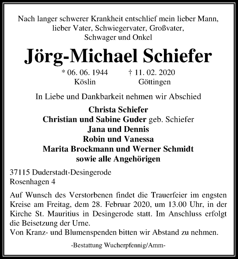  Traueranzeige für Jörg-Michael Schiefer vom 15.02.2020 aus Göttinger Tageblatt