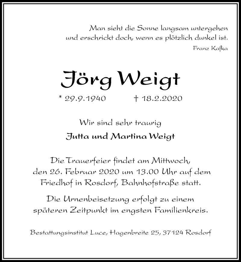  Traueranzeige für Jörg Weigt vom 22.02.2020 aus Göttinger Tageblatt