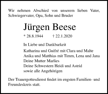 Traueranzeige von Jürgen Beese von Lübecker Nachrichten