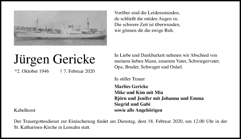  Traueranzeige für Jürgen Gericke vom 12.02.2020 aus Lübecker Nachrichten