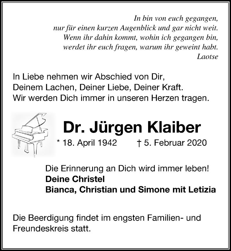  Traueranzeige für Jürgen Klaiber vom 08.02.2020 aus Märkischen Allgemeine Zeitung