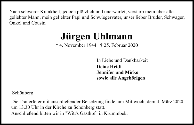  Traueranzeige für Jürgen Uhlmann vom 29.02.2020 aus Kieler Nachrichten