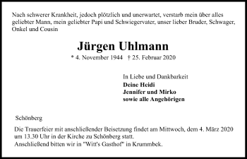 Traueranzeige von Jürgen Uhlmann von Kieler Nachrichten