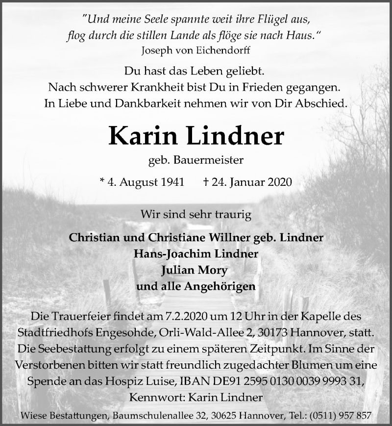  Traueranzeige für Karin Lindner vom 01.02.2020 aus Hannoversche Allgemeine Zeitung/Neue Presse
