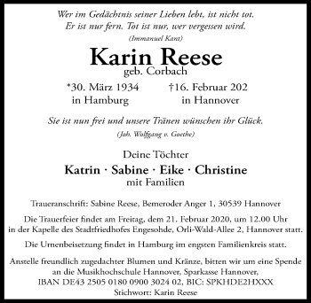 Traueranzeige von Karin Reese von Hannoversche Allgemeine Zeitung/Neue Presse