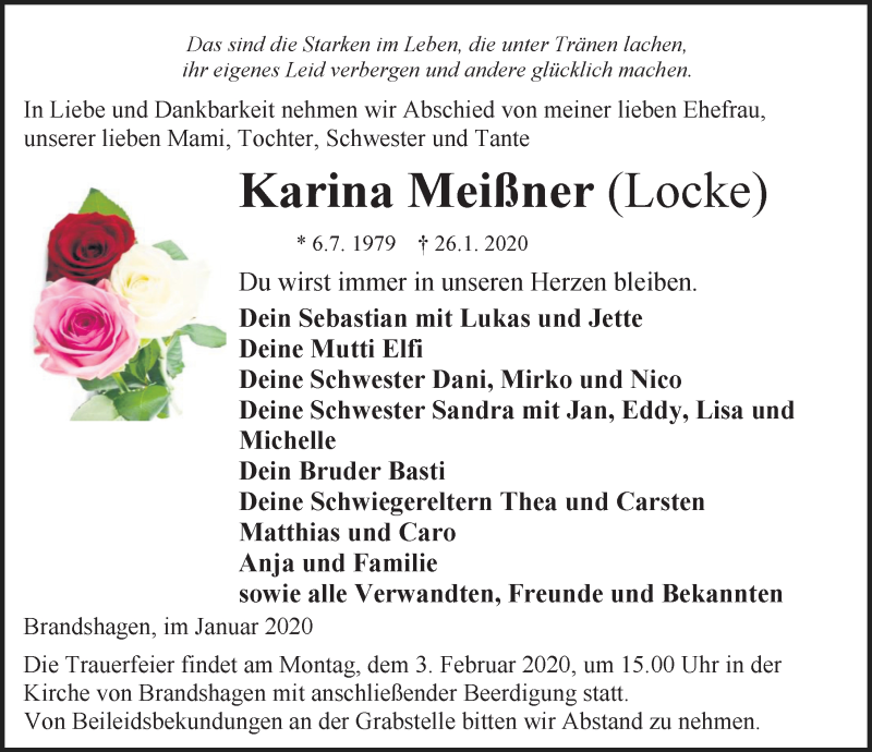  Traueranzeige für Karina Meißner vom 01.02.2020 aus Ostsee-Zeitung GmbH