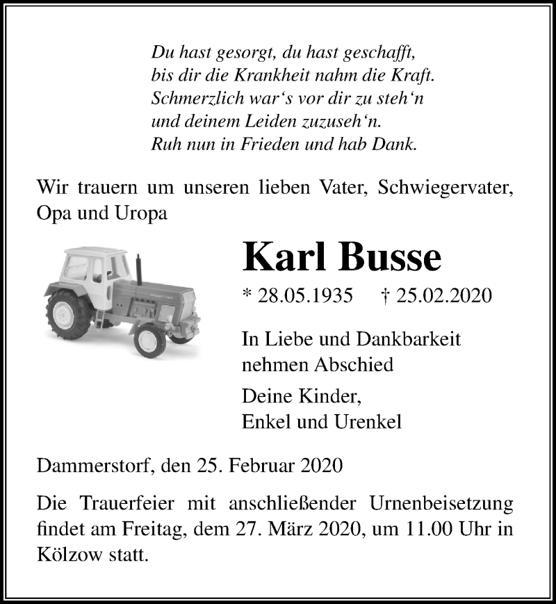  Traueranzeige für Karl Busse vom 29.02.2020 aus Ostsee-Zeitung GmbH