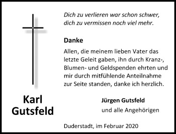 Traueranzeige von Karl Gutsfeld von Eichsfelder Tageblatt