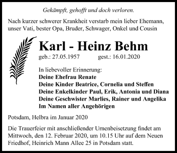 Traueranzeige von Karl-Heinz Behm von Märkischen Allgemeine Zeitung
