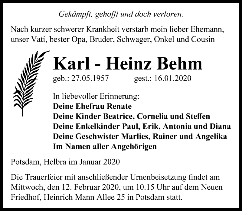  Traueranzeige für Karl-Heinz Behm vom 01.02.2020 aus Märkischen Allgemeine Zeitung